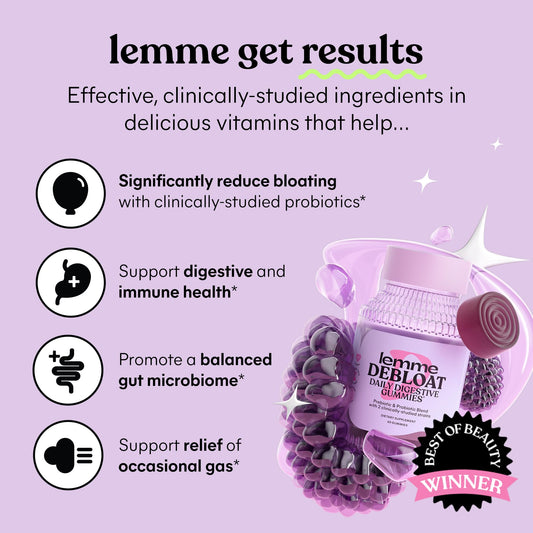 Lemme Debloat bottle back label shows probiotic strains and ingredients for gut health.