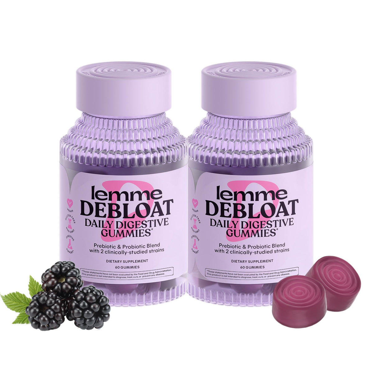 Lemme Debloat bottle front emphasizes blackberry flavor and daily gut support.