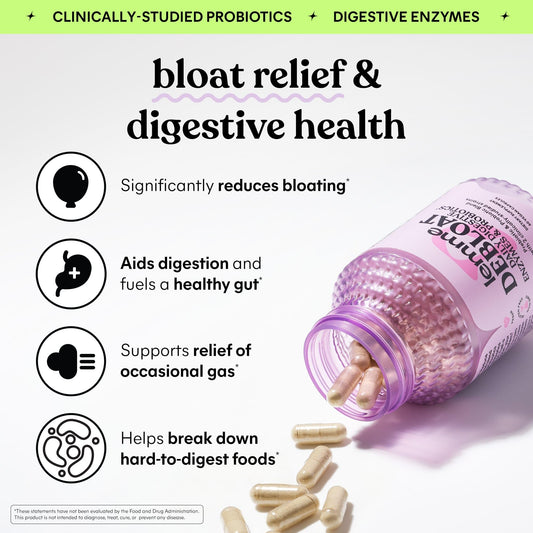 Lemme Debloat probiotics capsules bottle highlights Bacillus Coagulans and Bacillus Subtilis strains.
