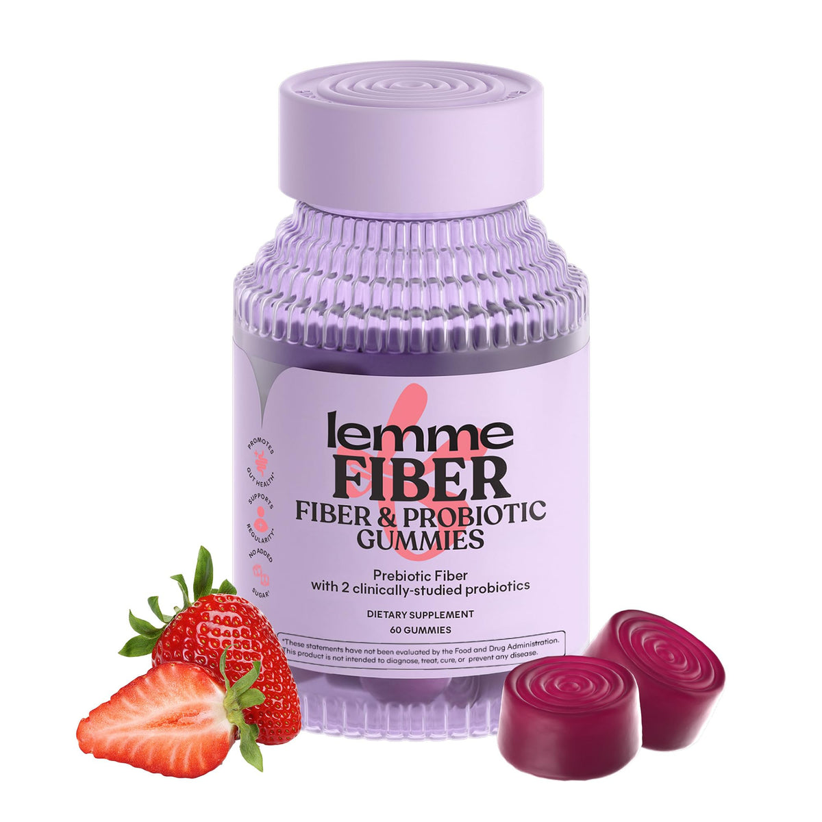 Lemme Fiber & Probiotic Gummies bottle front, no sugar added.