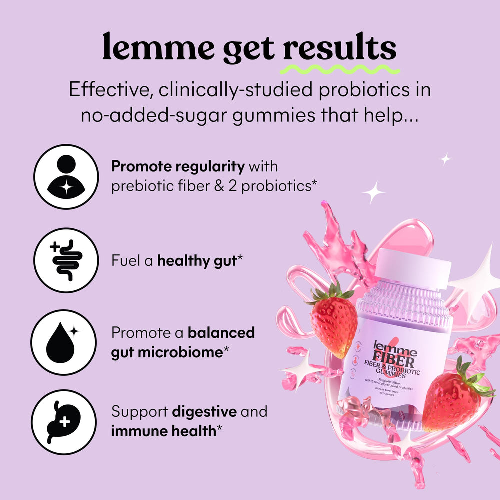Lemme Fiber & Probiotic Gummies ingredients panel, plant-based fiber and probiotics.