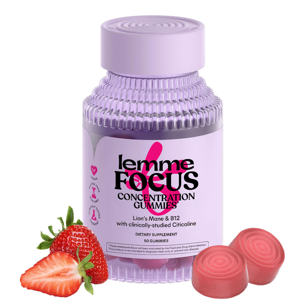 Lemme Focus strawberry bottle shows caffeine-free focus support for daytime tasks.