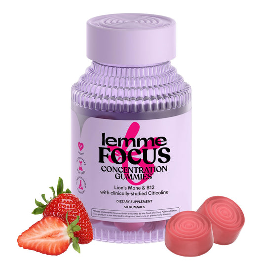 Lemme Focus strawberry bottle shows caffeine-free focus support for daytime tasks.