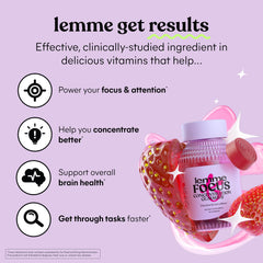 Lemme Focus strawberry gummies closeup highlights tasty bites for sharper attention.