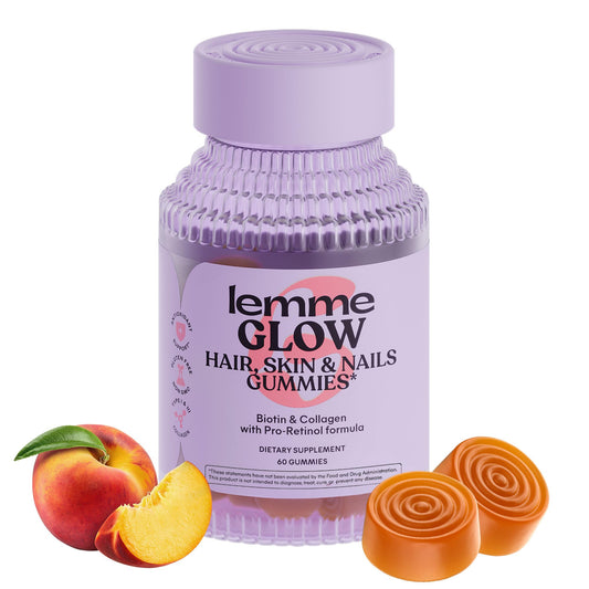 Lemme Glow peach gummies bottle for shiny hair and healthy skin