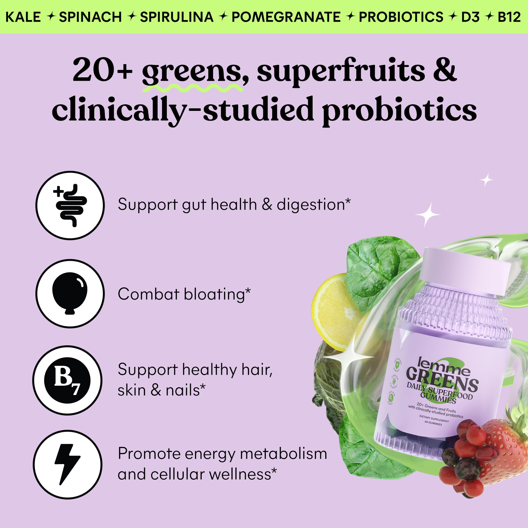 Lemme Greens Gummies back label highlights probiotic blend and vitamins.