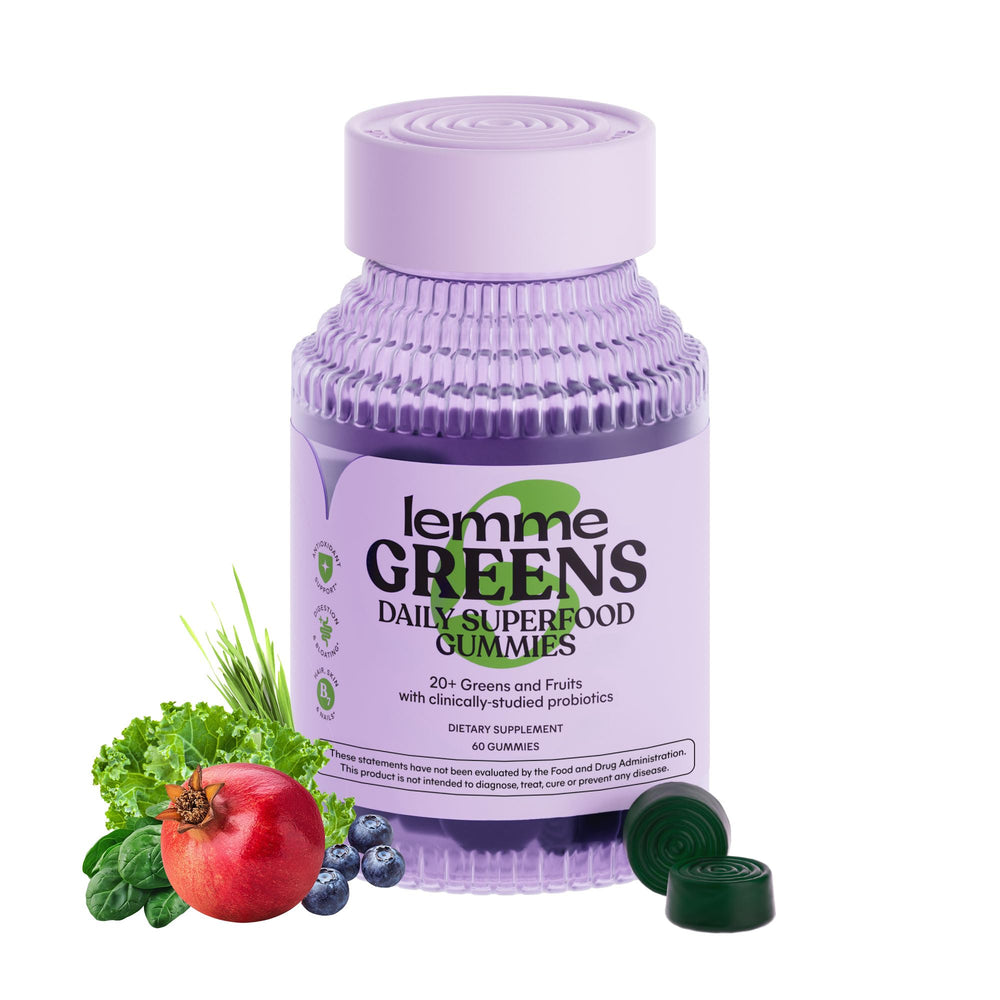 Lemme Greens Gummies bottle front showing berry flavor and 60-count bottle for daily wellness.