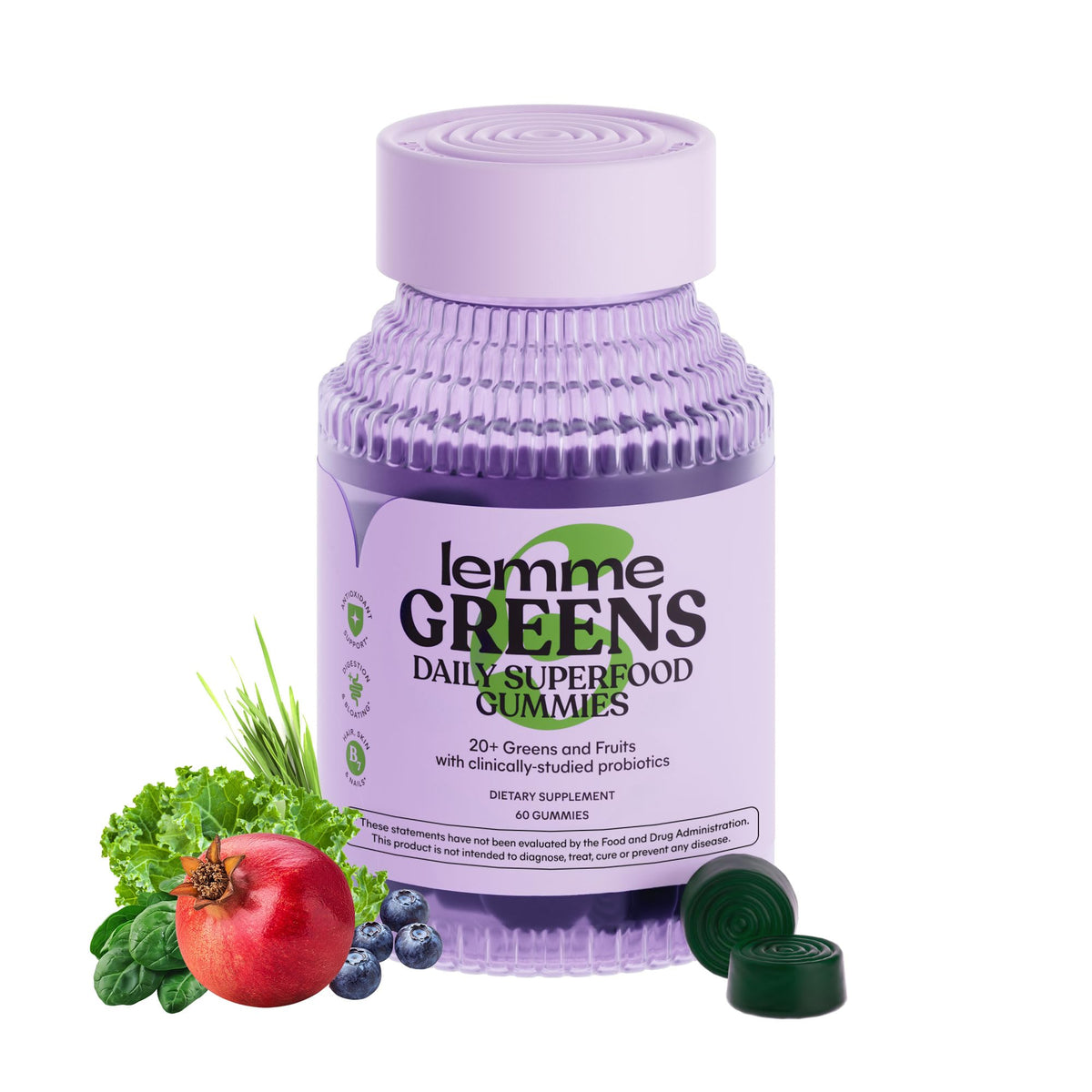 Lemme Greens Gummies bottle front showing berry flavor and 60-count bottle for daily wellness.