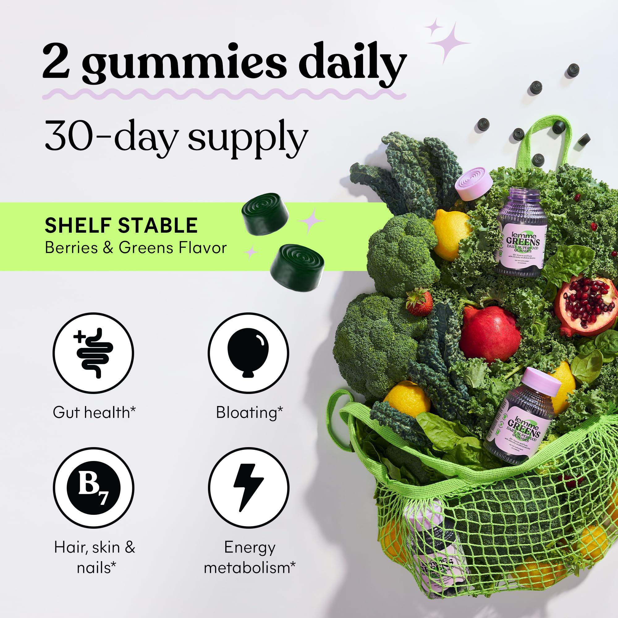 Lemme Greens Gummies packaging displays branding and 60 gummies.