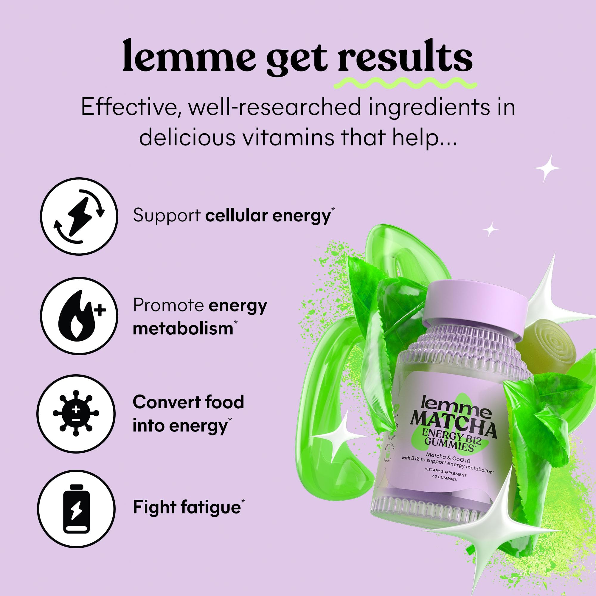 Lemme Matcha Energy Gummies closeup highlights vibrant gummies and natural green tea vitality.