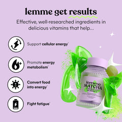Lemme Matcha Energy Gummies closeup highlights vibrant gummies and natural green tea vitality.