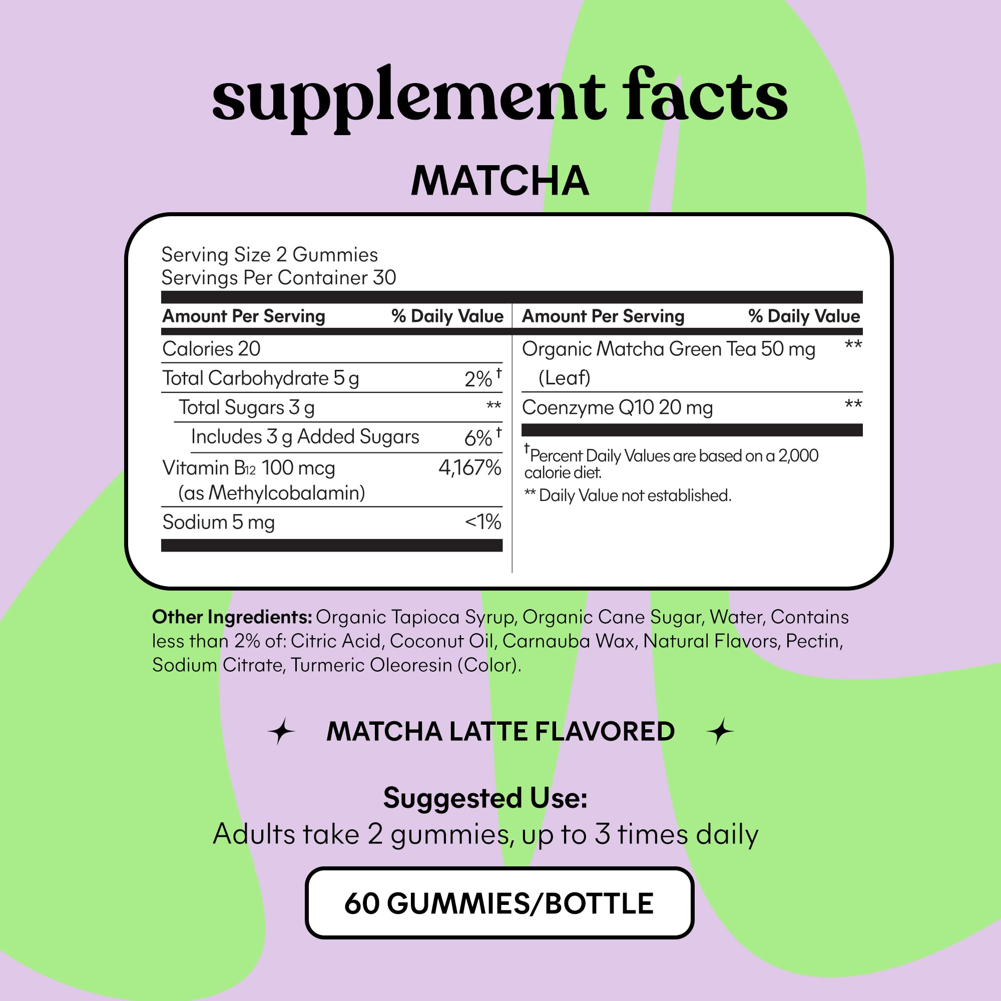 Lemme Matcha Energy Gummies ingredients showcase organic matcha and CoQ10's antioxidant edge.