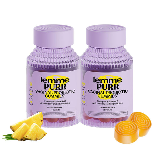 Lemme Purr Pineapple Gummies bottle shows probiotic formula for daily balance.