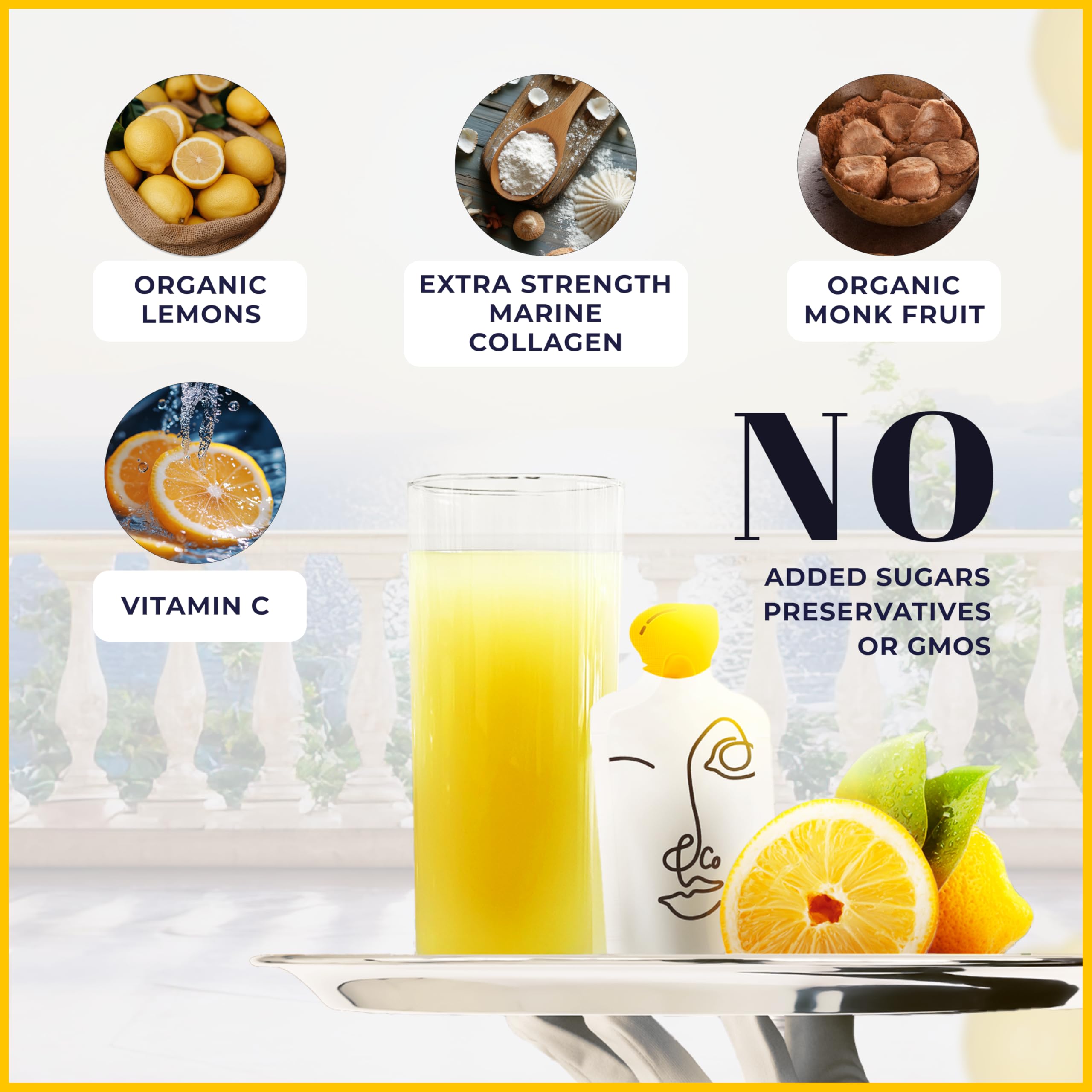 LEMON & CO. bottle with water ready to mix for a lemon collagen drink.