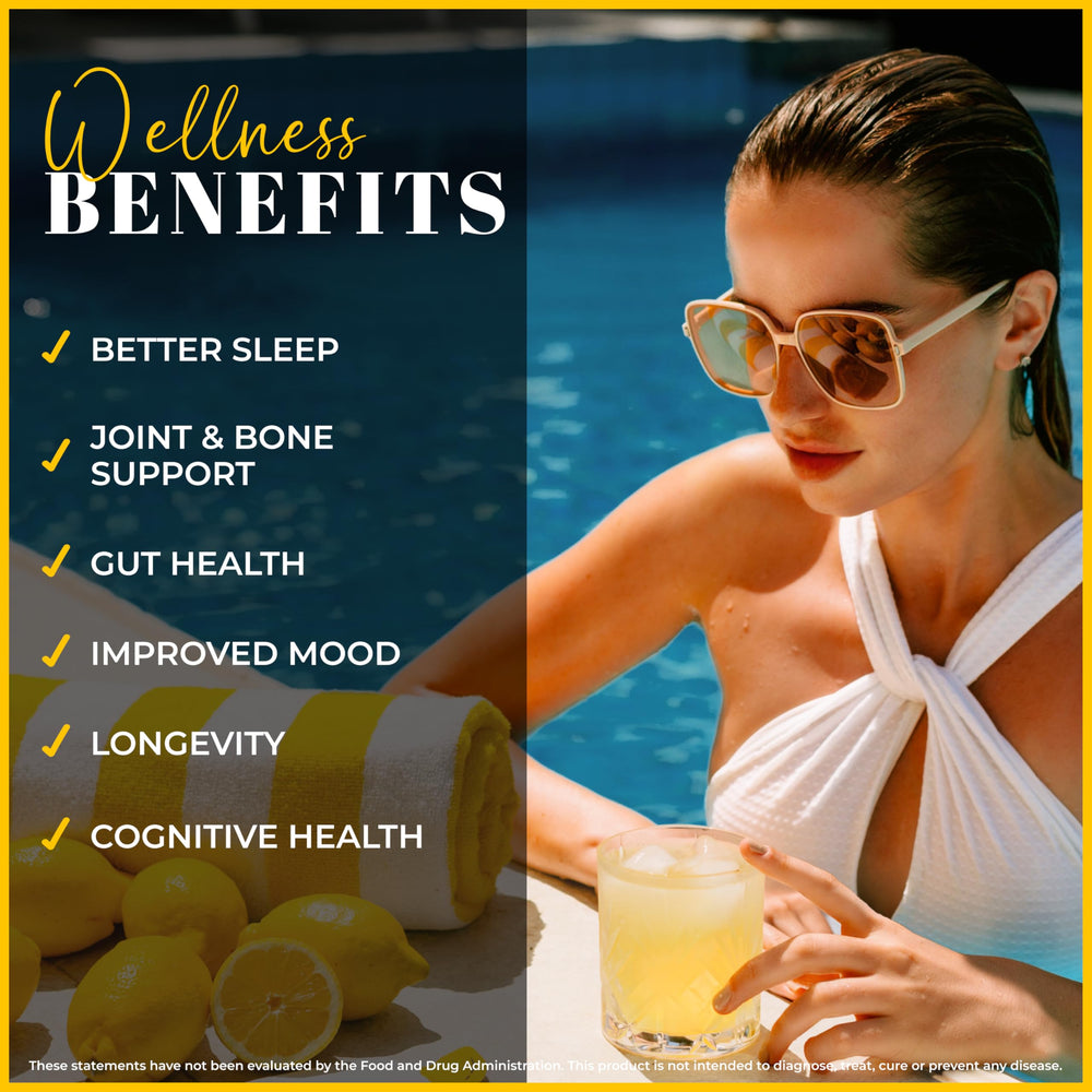 LEMON & CO. organic lemons close-up beside collagen for a citrus-infused routine.