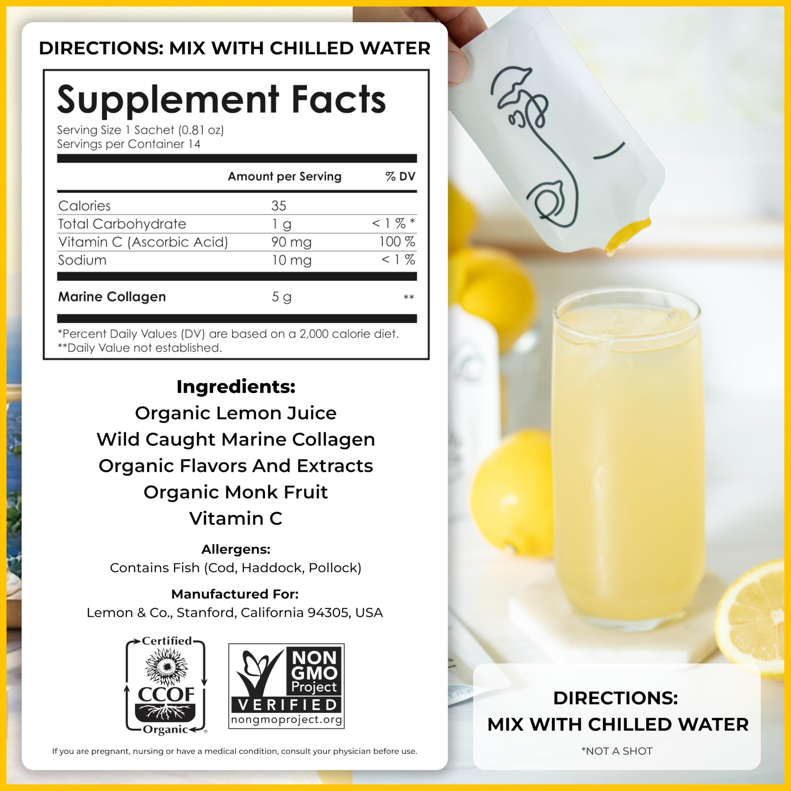 LEMON & CO. collagen packets prepared for quick on-the-go hydration.