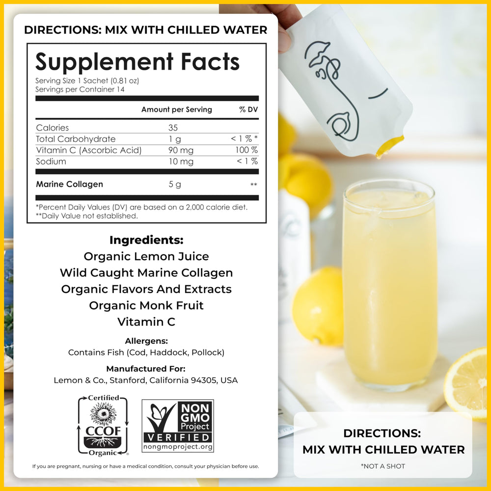 LEMON & CO. collagen packets prepared for quick on-the-go hydration.