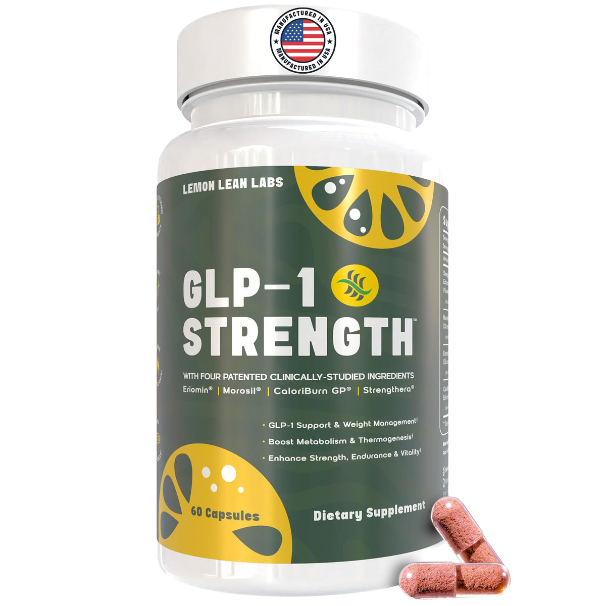 Lemon Lean Labs GLP-1 Strength bottle front promoting appetite control and metabolism.