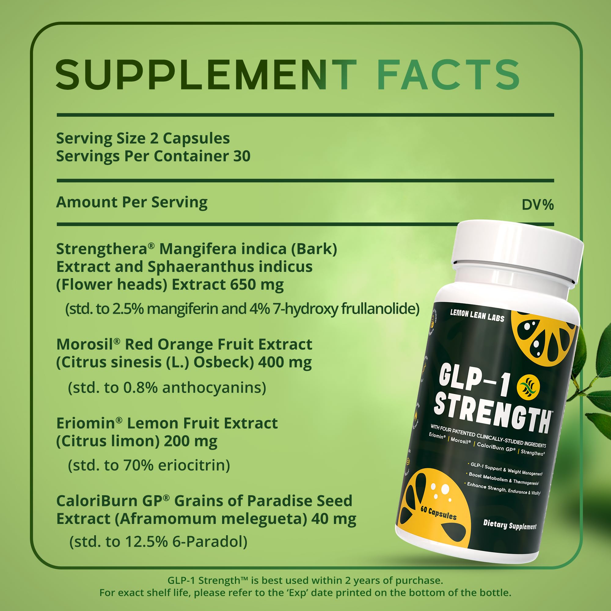 Capsules in a clear glass bottle from Lemon Lean Labs GLP-1 Strength.