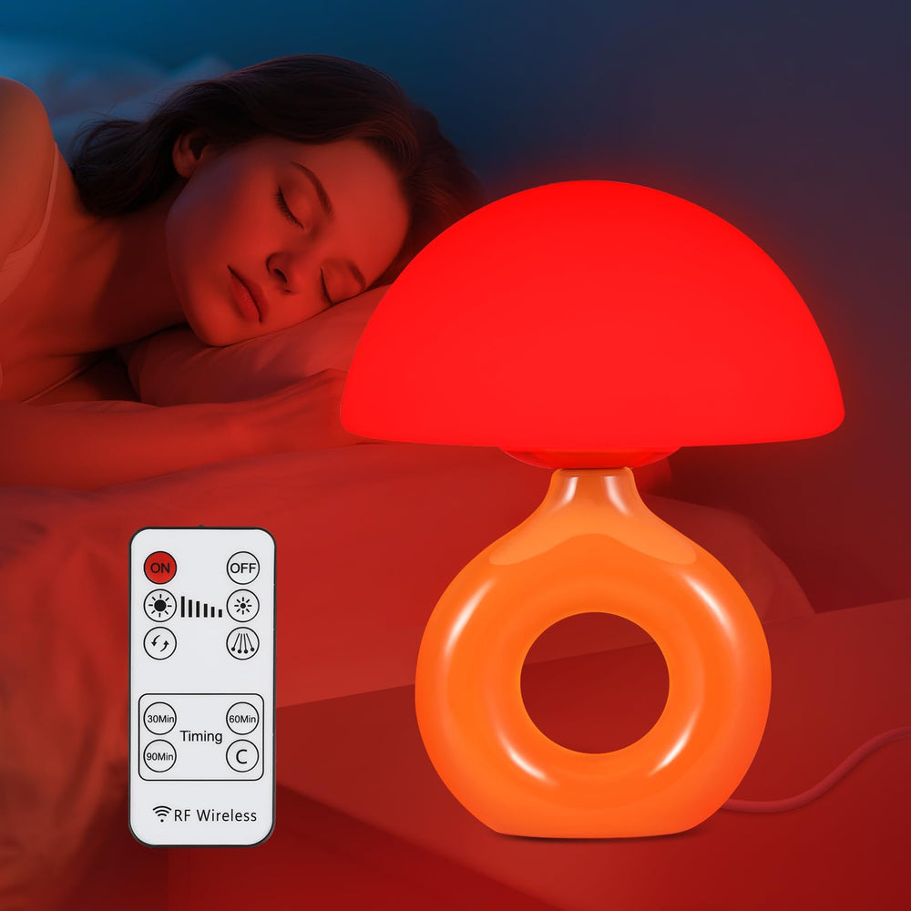 LemSen Mushroom Red Light Lamp with glass shade for soothing bedroom ambience.