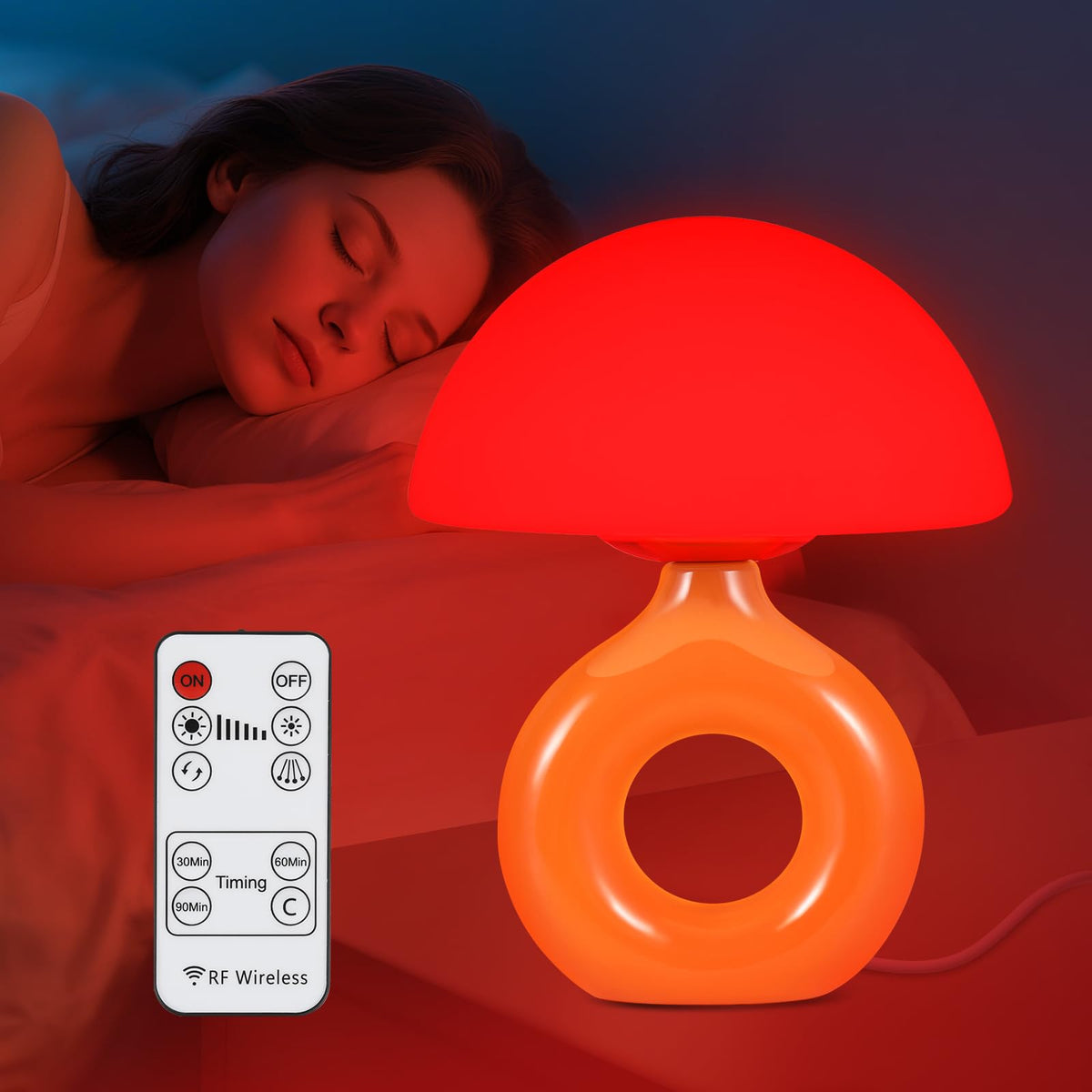 LemSen Mushroom Red Light Lamp with glass shade for soothing bedroom ambience.
