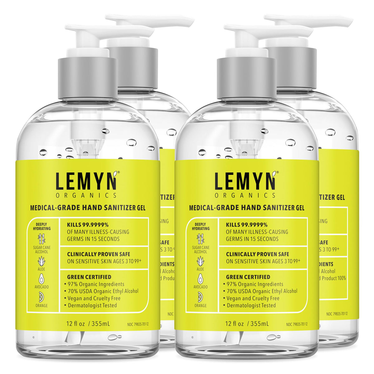 Lemyn Organics hand sanitizer bottle front shows a 97% organic formula for daily use.