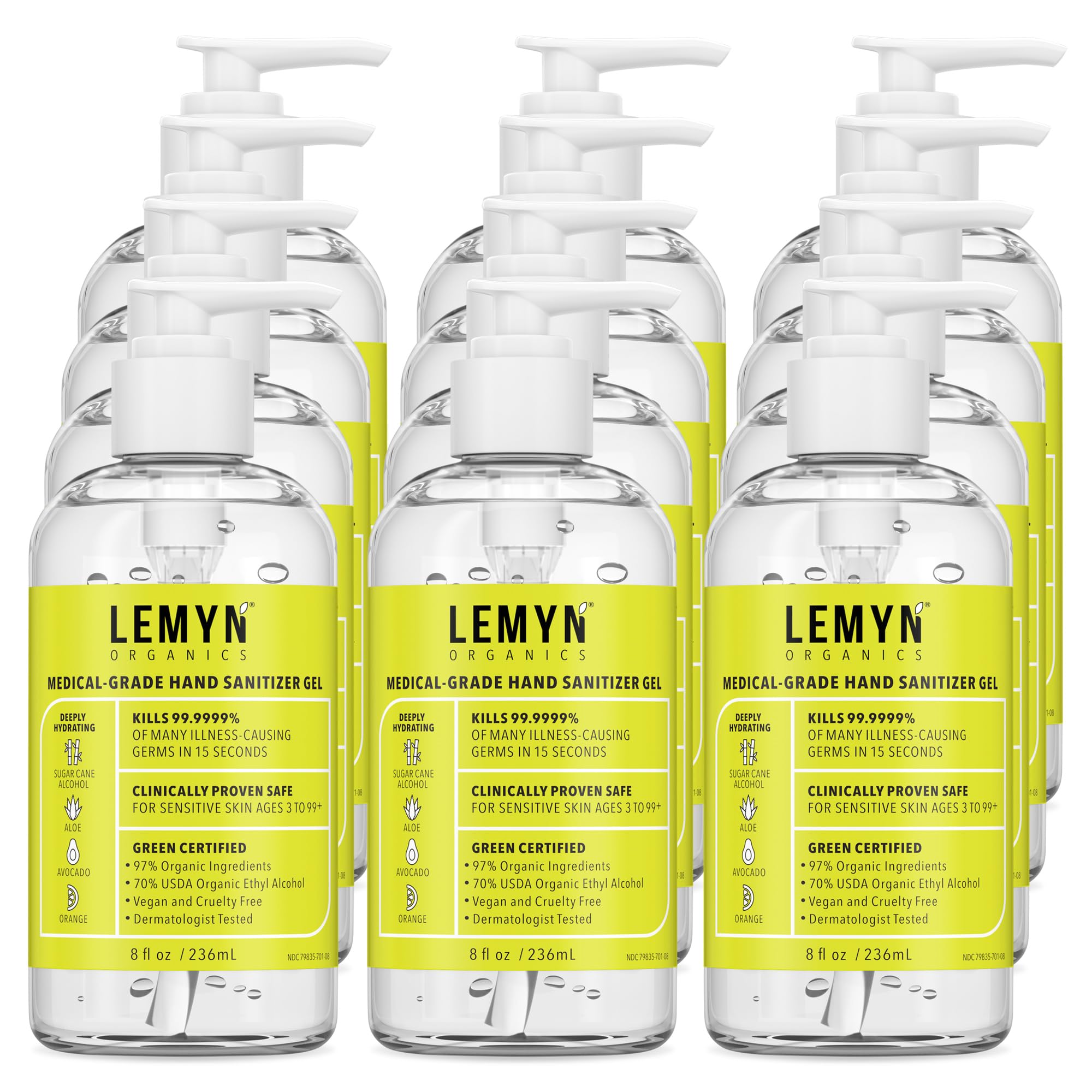 Lemyn Organics hand sanitizer gel 8oz pump bottle for quick germ protection.