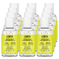 Lemyn Organics hand sanitizer gel bottle closeup showing moisturizing formula for soft hands.
