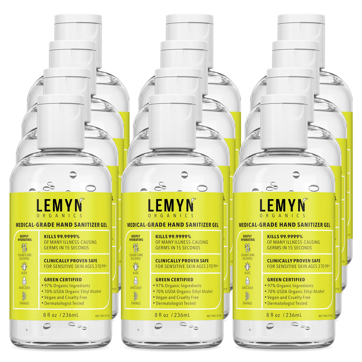 Lemyn Organics Medical Grade Hand Sanitizer Gel bottle front view for quick on-the-go disinfection.