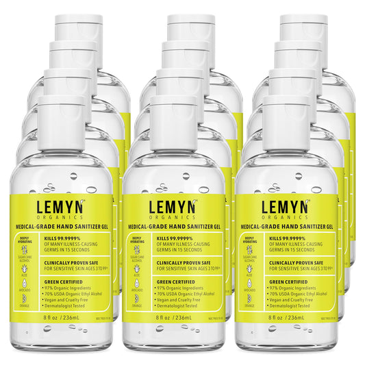 Lemyn Organics Medical Grade Hand Sanitizer Gel bottle front view for quick on-the-go disinfection.