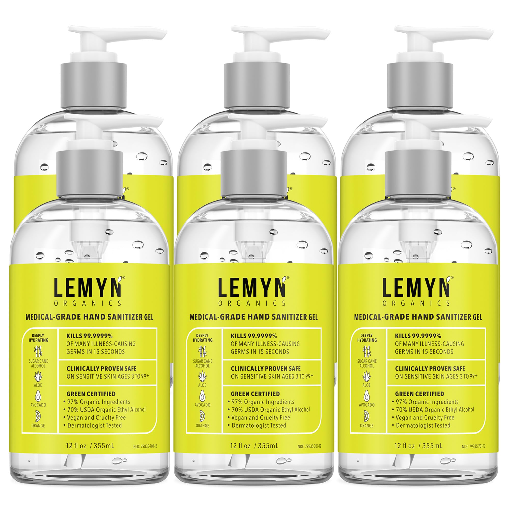 Lemyn Organics hand sanitizer gel bottle front displays branding and clean design for trusted use.