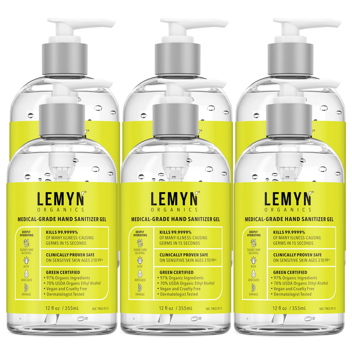 Lemyn Organics hand sanitizer gel bottle front displays branding and clean design for trusted use.