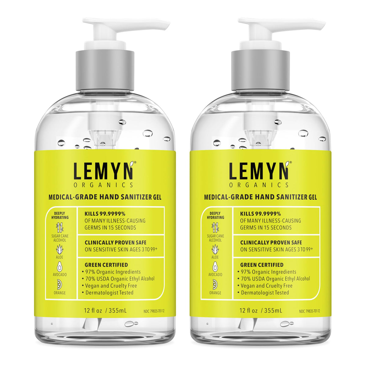 Lemyn Organics hand sanitizer gel bottle front — fast protection on the go.