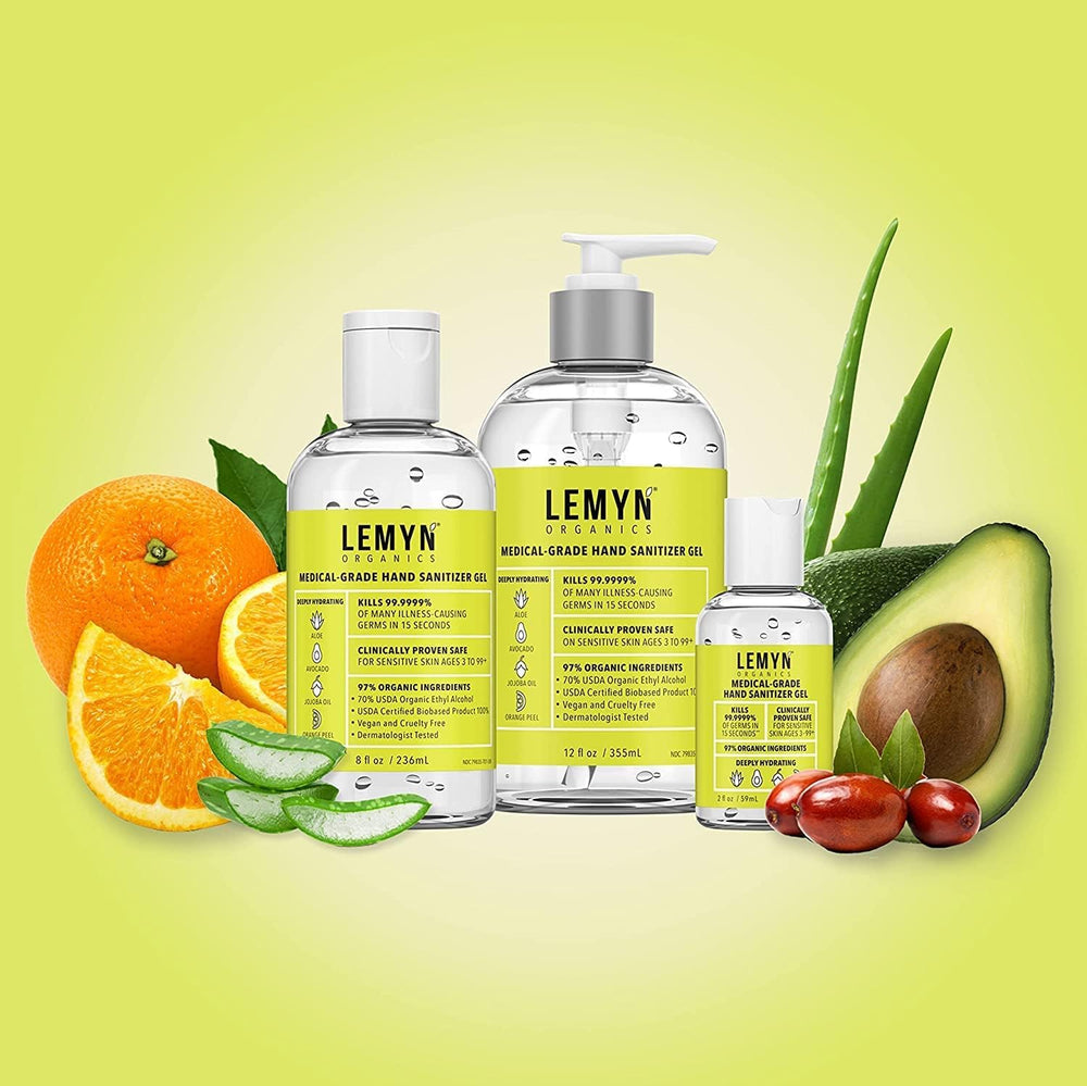 Lemyn Organics hand sanitizer gel citrus scent — refreshing natural fragrance.