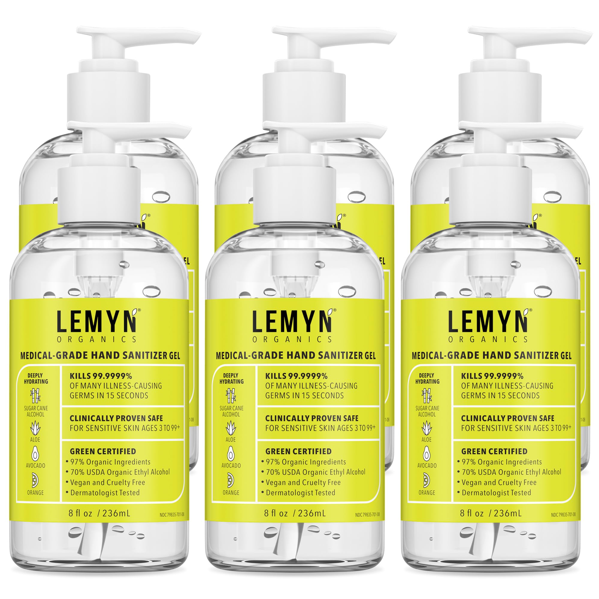 Lemyn Organics hand sanitizer gel bottle pump front view for quick sanitizing.