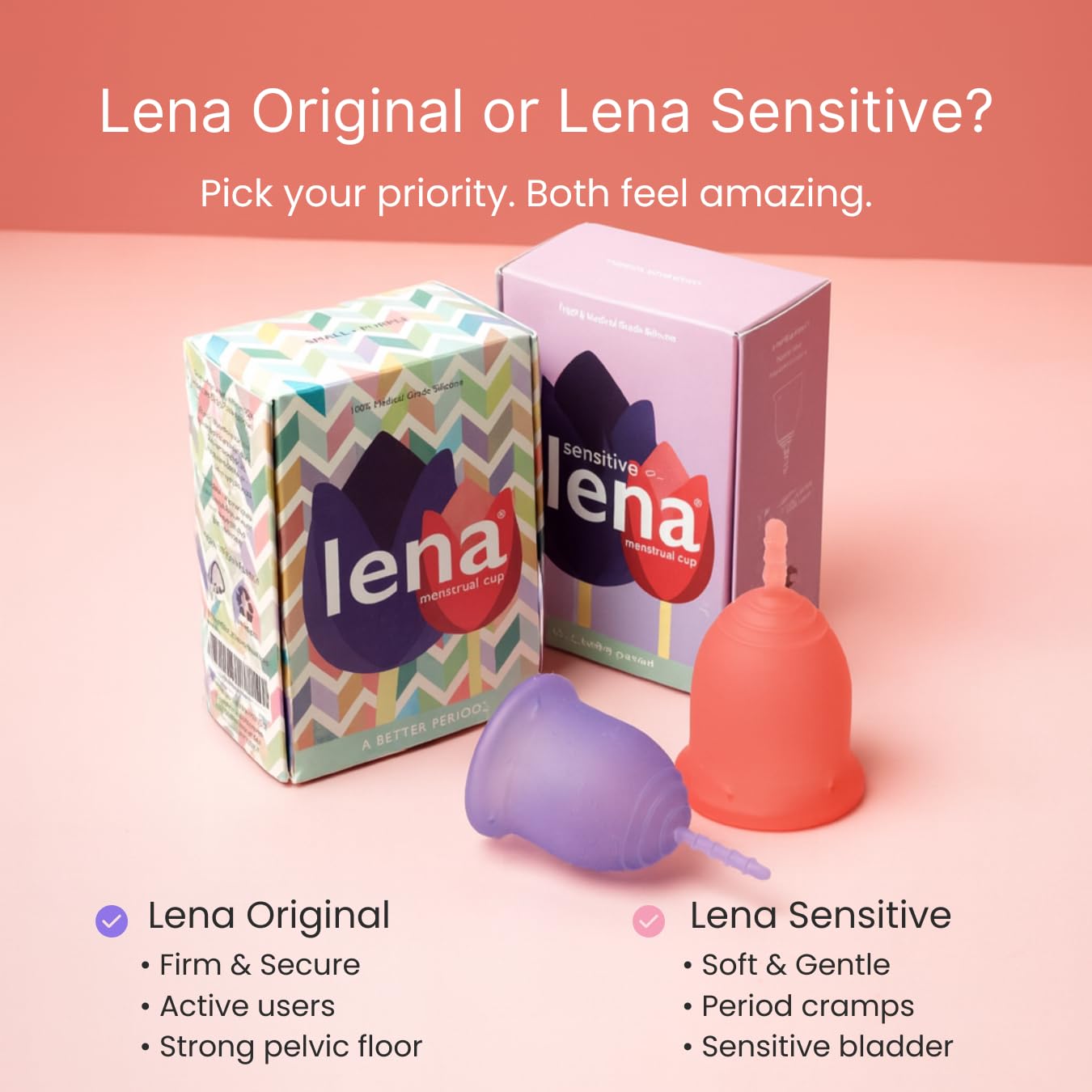 Lena Sensitive Cups medical-grade silicone, BPA-free and hypoallergenic.
