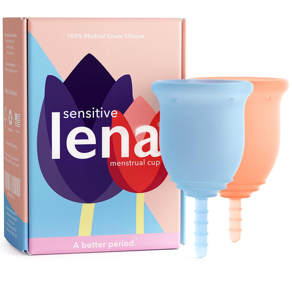 Lena Sensitive Cups 2-pack overview, highlighting reusable, soft silicone for comfortable all-day wear.