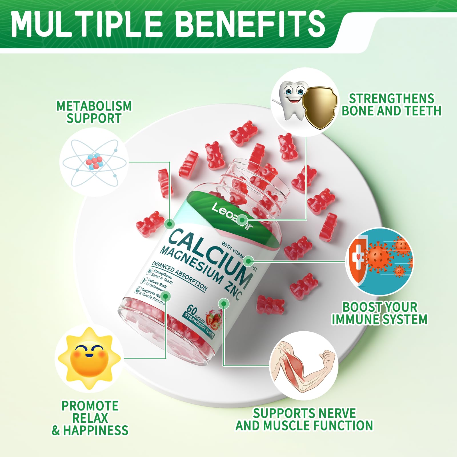 Leozmr gummies strawberry bottle front highlights flavor and easy-to-chew minerals