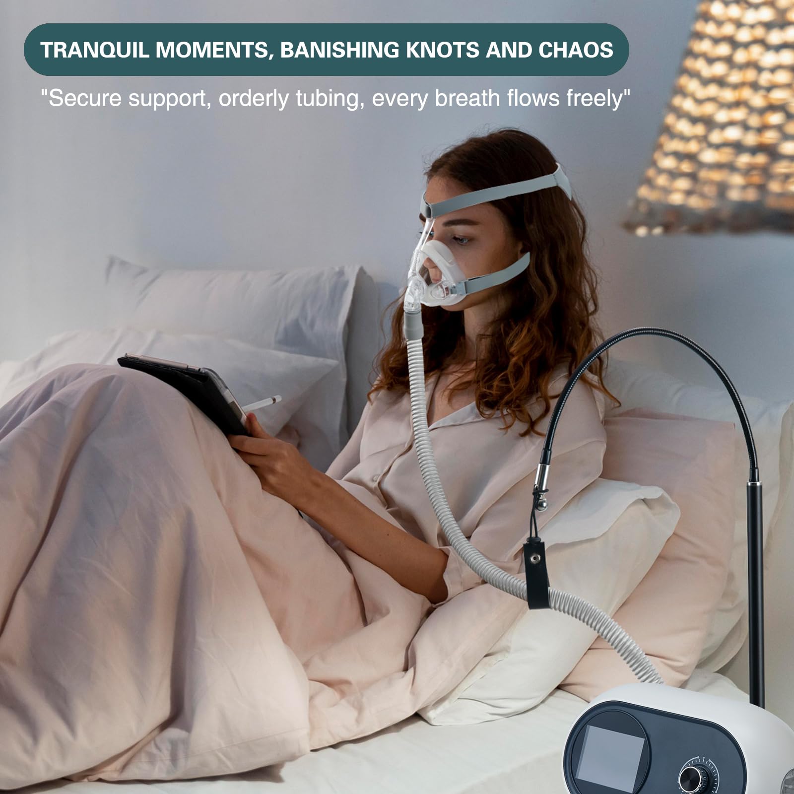 Lerboai CPAP Hose Holder bedside view shows easy reach and compact design