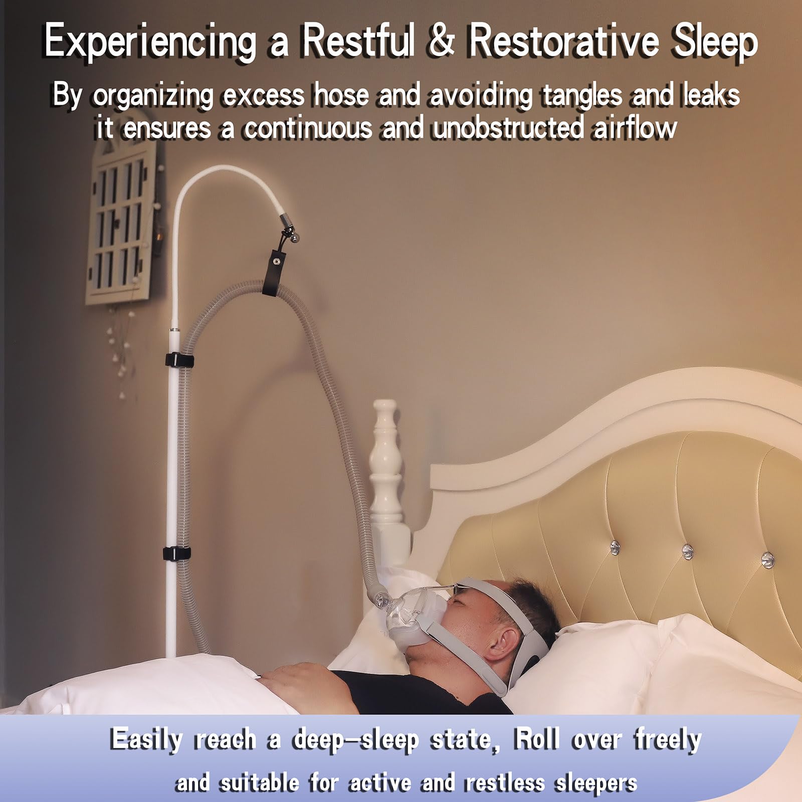 Lerboai CPAP hose holder swingarms rotate 360 degrees for flexible routing.