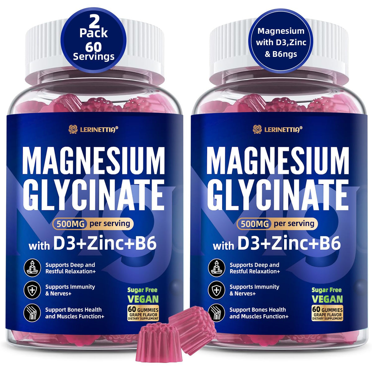 Lerinettia Magnesium Glycinate gummy bottle promoting calm and sleep support