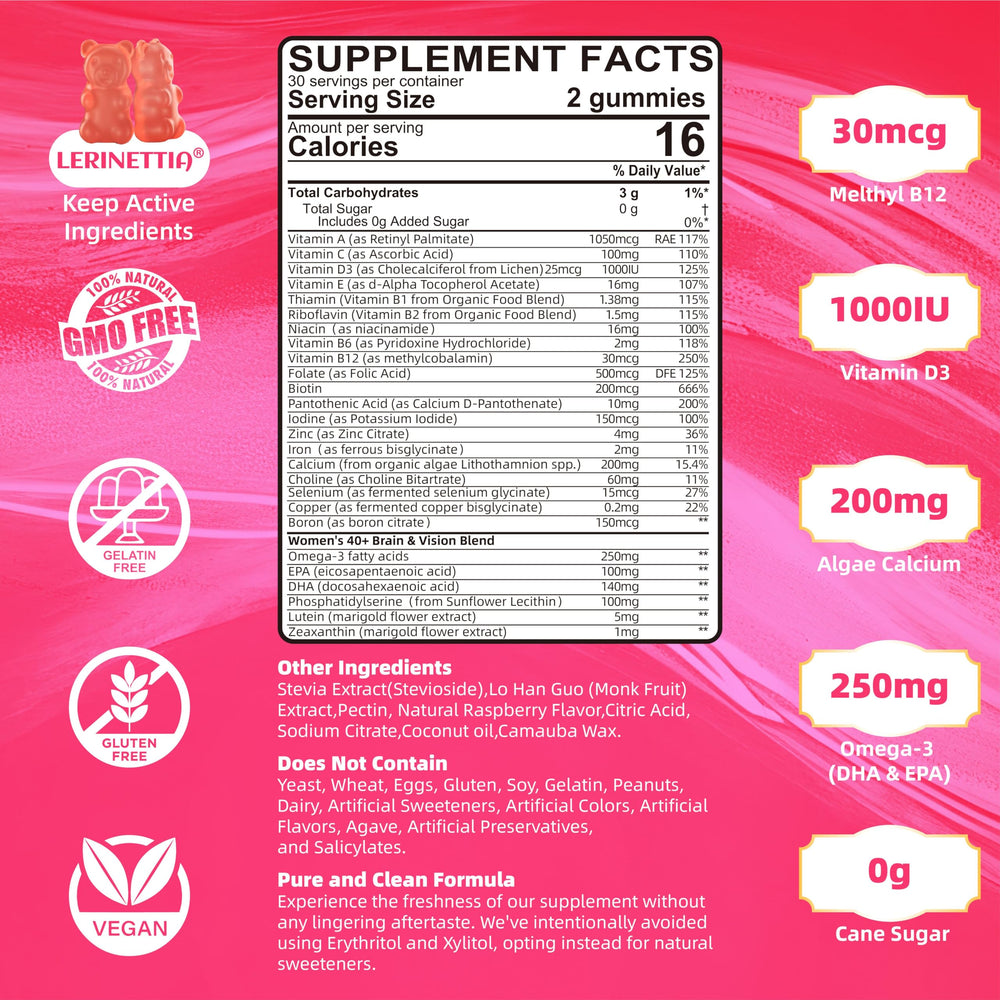 Lerinettia gummies close-up showing strawberry flavor and easy daily use.