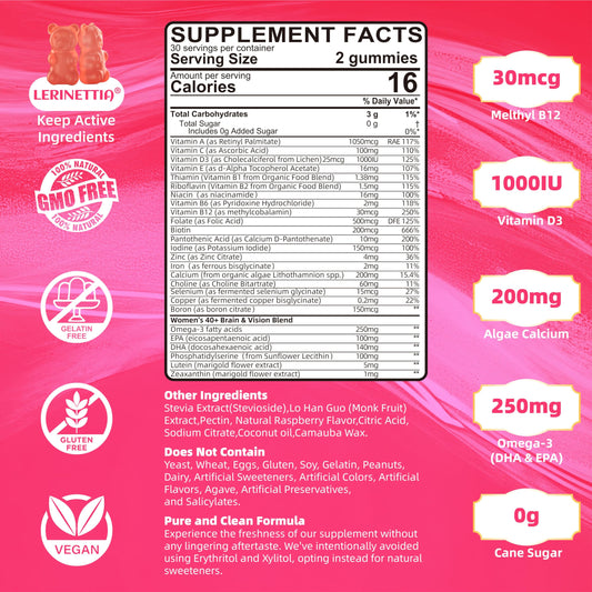 Lerinettia gummies close-up showing strawberry flavor and easy daily use.