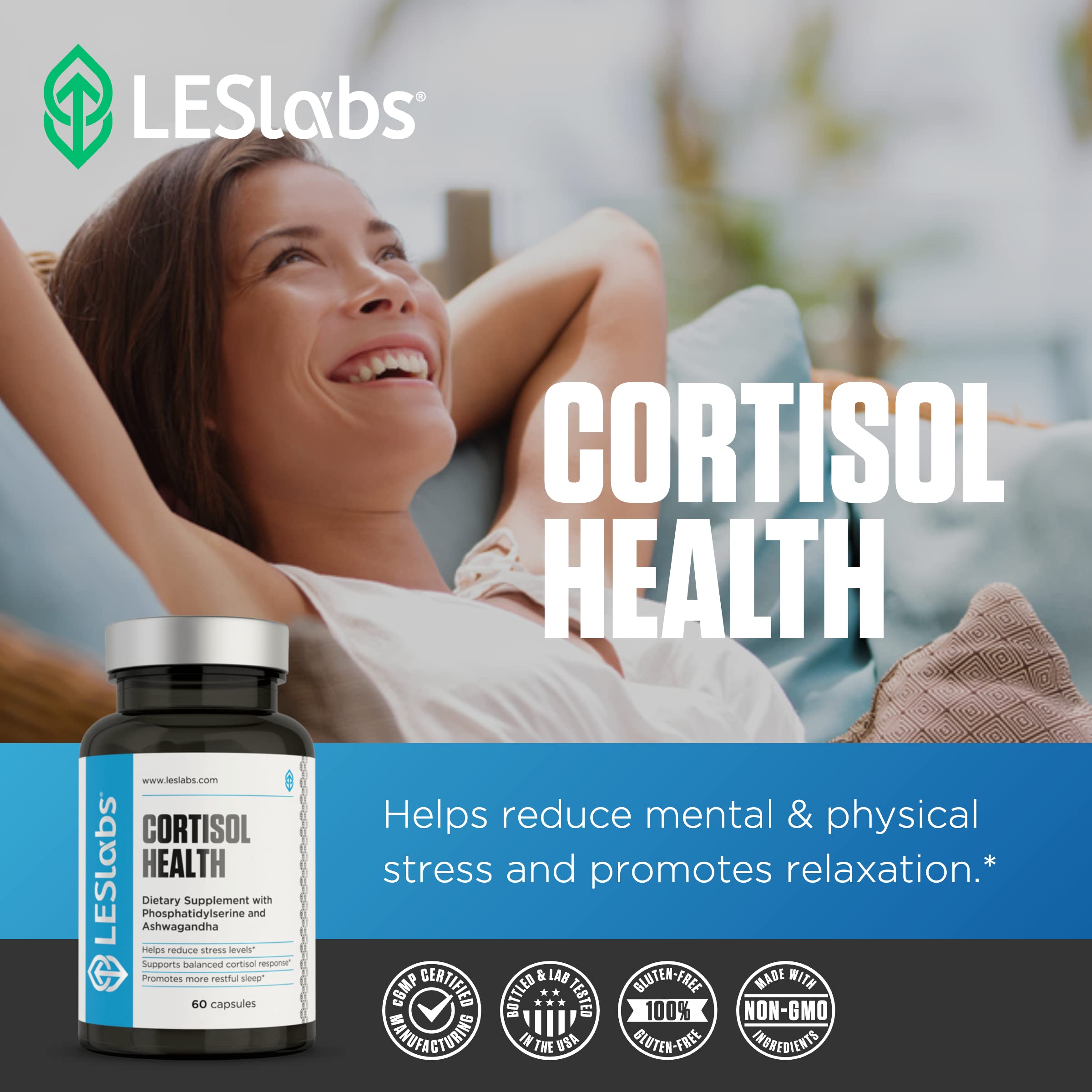 LES Labs Cortisol Health ashwagandha and rhodiola ingredients highlighted for relaxation