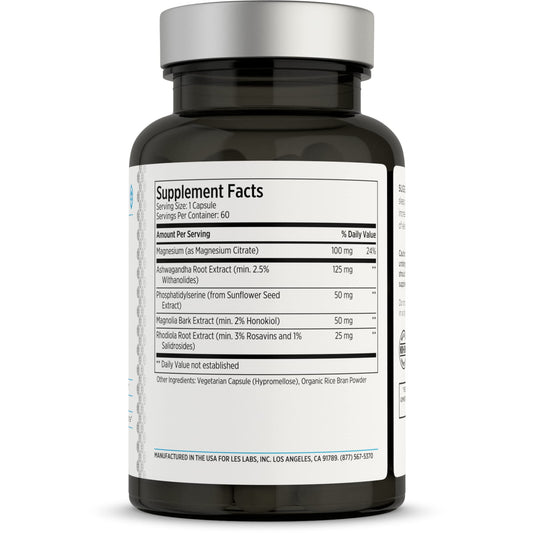 LES Labs Cortisol Health capsules closeup highlighting capsule texture and calm focus potential