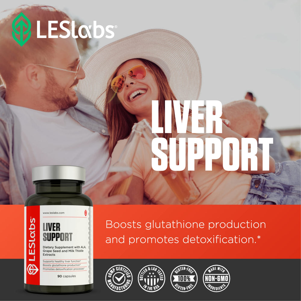 LES Labs Liver Support ingredients panel shows natural extracts for antioxidant support.