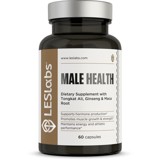 LES Labs Male Health Tongkat Ali bottle highlights hormone-support ingredients for daily vitality