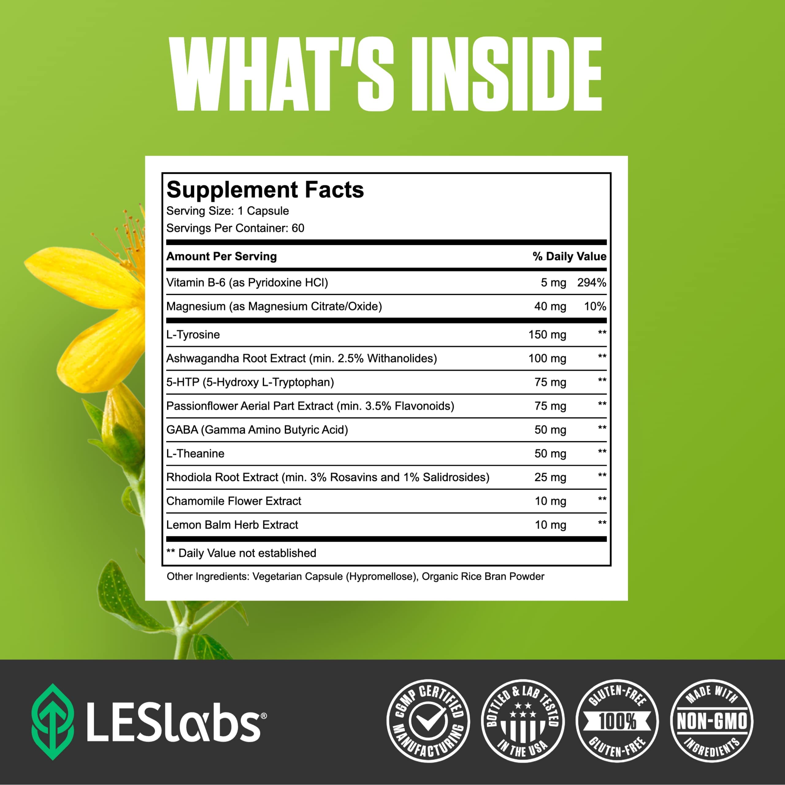 LES Labs Mood Boost herbal blend image emphasizing ashwagandha and chamomile.