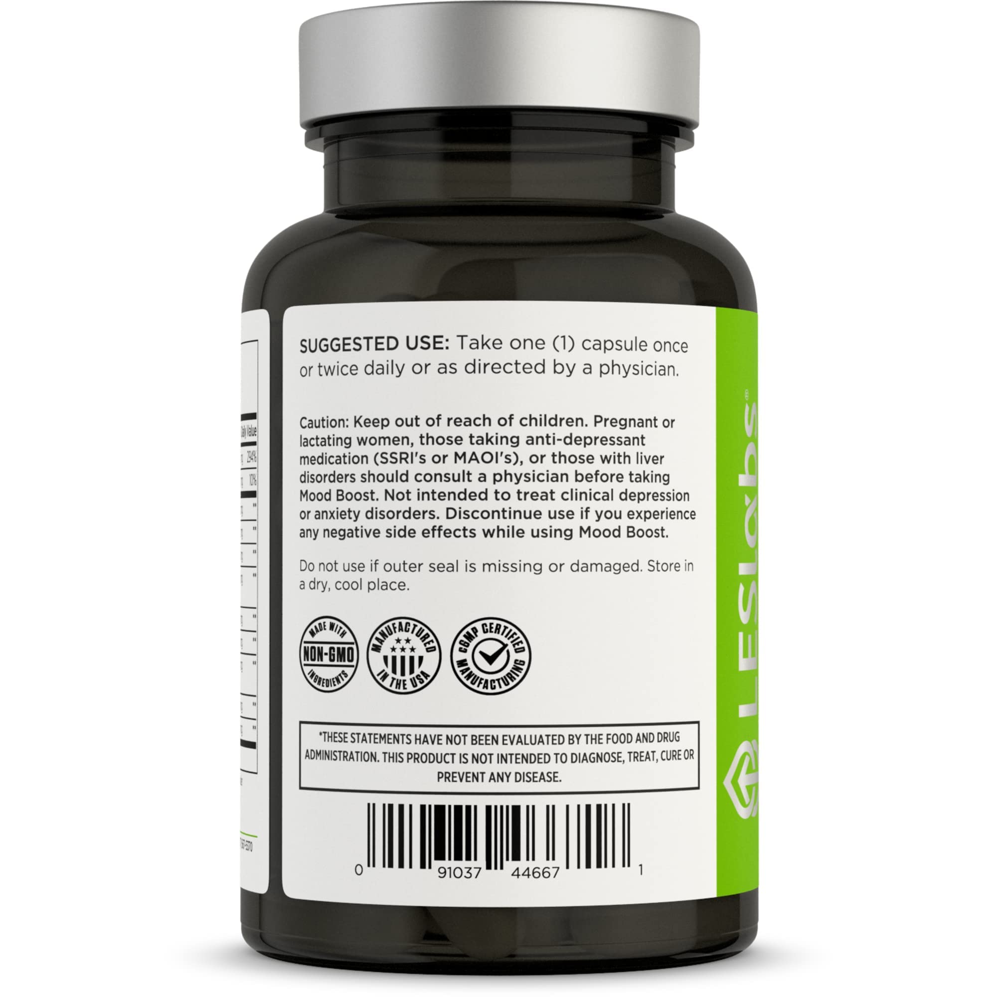 LES Labs Mood Boost label close-up highlighting natural, non-GMO ingredients.