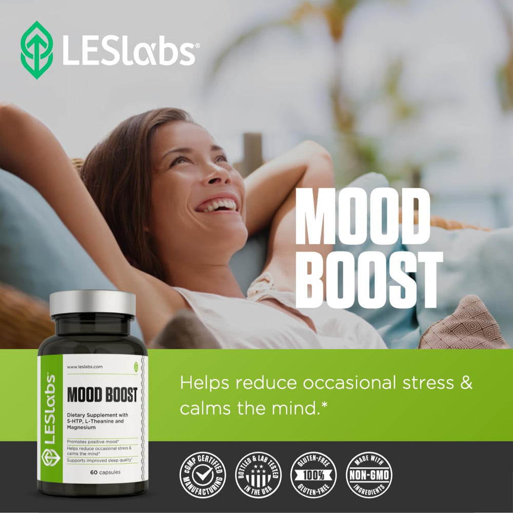LES Labs Mood Boost packaging shown as part of a wellness routine.